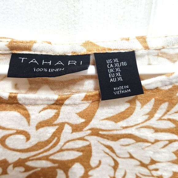 Tahari 100% Linen, Gold Floral All Over Print, Assymetrical Hem Line Size XL - Picture 2 of 4
